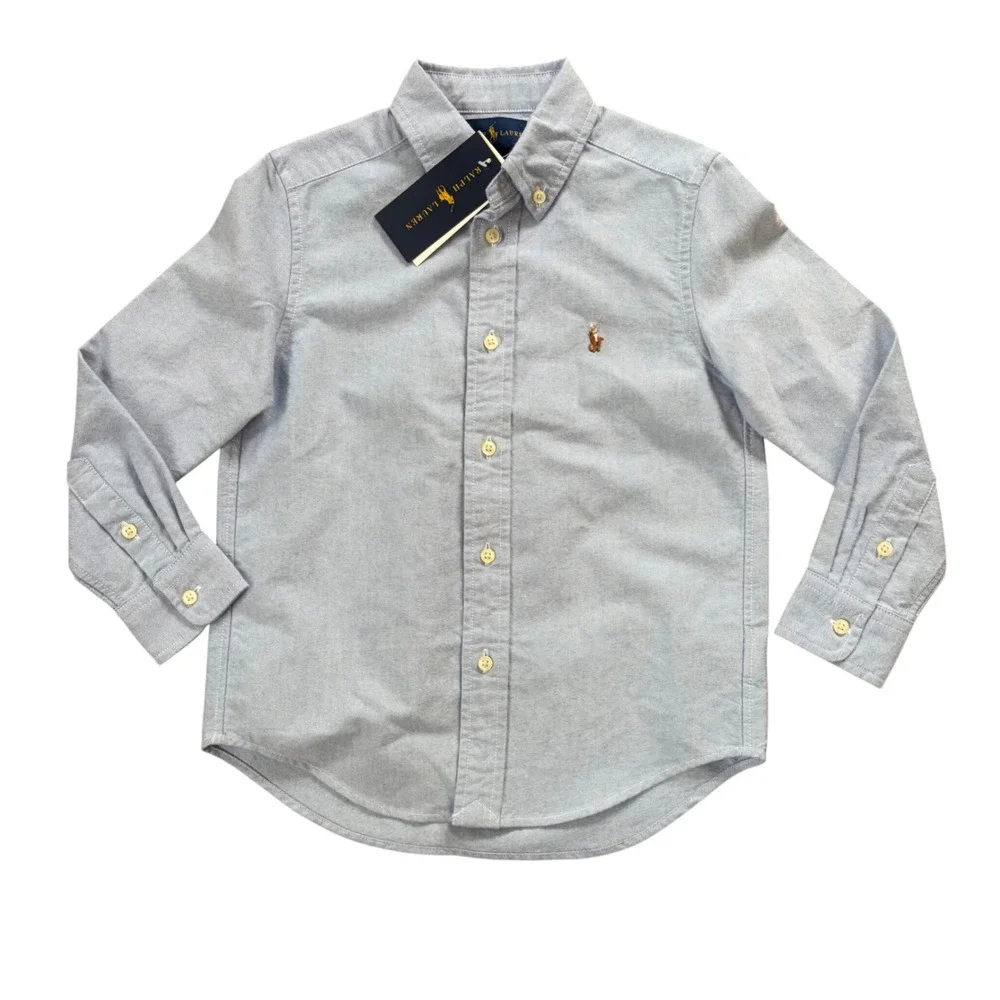 NWT Ralph Lauren Boys Blue Cotton Oxford Long Sleeve Button Down Shirt Size 5